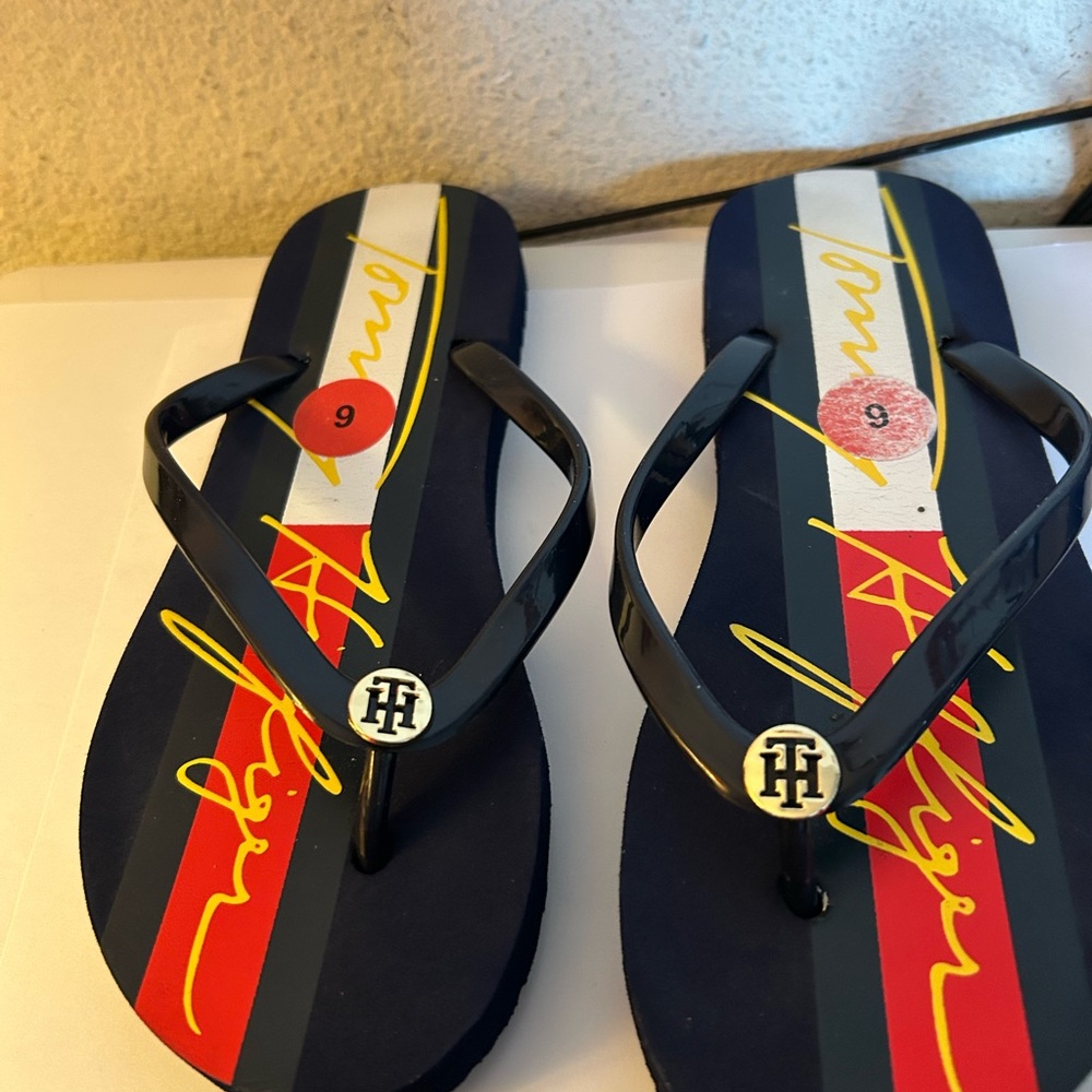 Tommy Hilfiger Navy Flip Flops with Red and Yellow Accents
